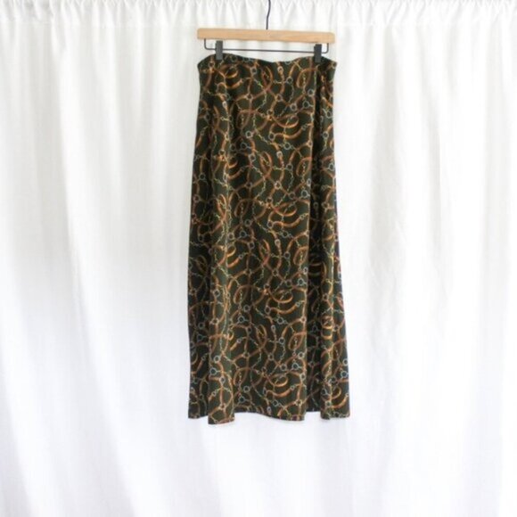 Vintage Green Equestrian Print Cotton Midi Skirt with Pockets Large - Picture 1 of 8